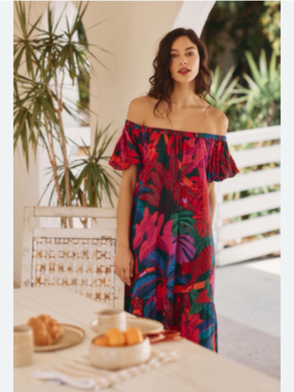 Anthropologie Girls Tropical Off-Shoulder Dress in Pink, Green, Blue - Picture 3 of 3